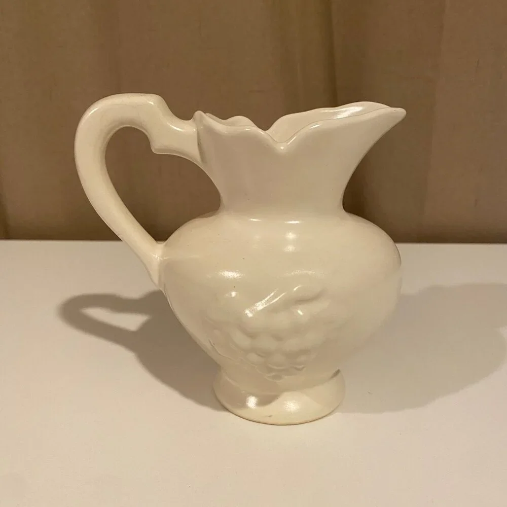 Vintage Cream Stoneware Pitcher Vase – Raised‎ Grape Design, Farmhouse Style